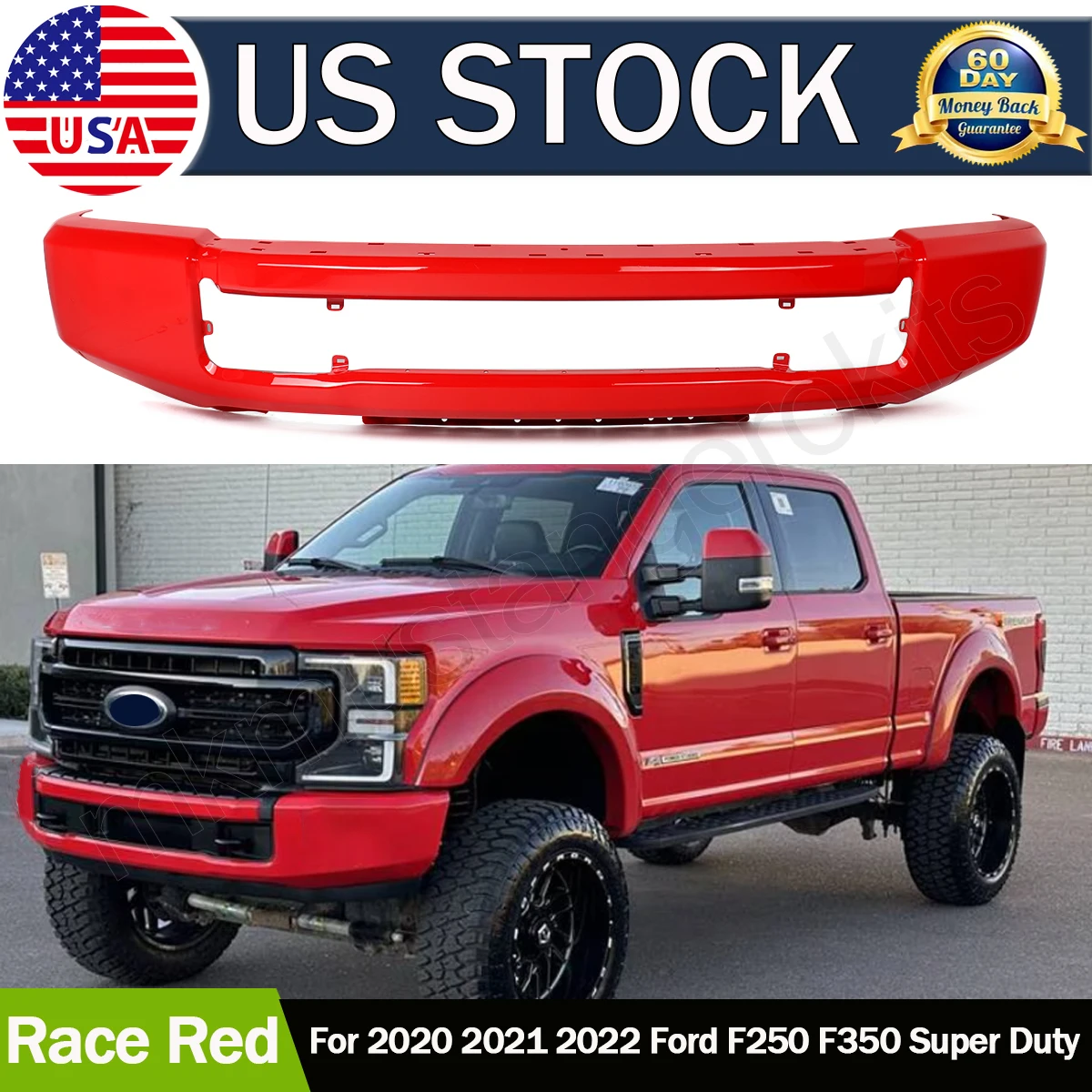 Front Bumper Assembly Replace For Ford F250 F350 Super Duty 2020-2022 Steel Bumper Face Bar Without Fog Light Holes PQ-Race Red