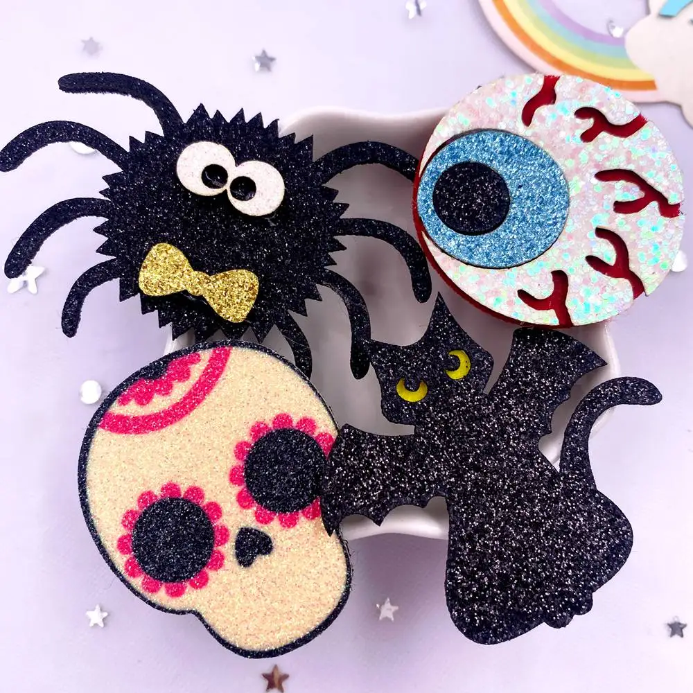 8pcs Felt Fabric Colorful Glitter Cartoon Skull Head Black Cat Big Spider Eyeball Applique Sewing DIY Hair Bow Halloween Supplie