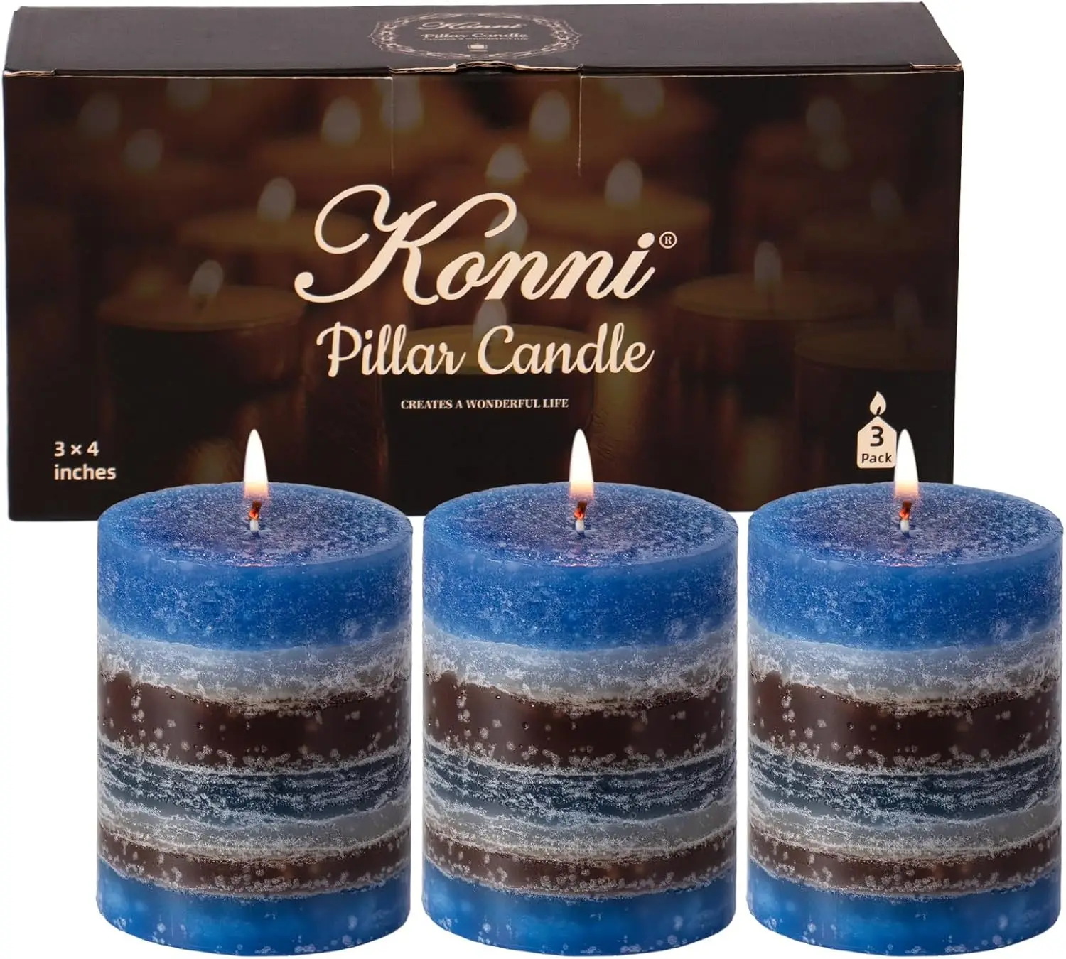 

Blue-Coffee Layered Pillar Candles Set of 3, 3'x 4' Unscented Pillar Candles Bulk, 39 Hours Long