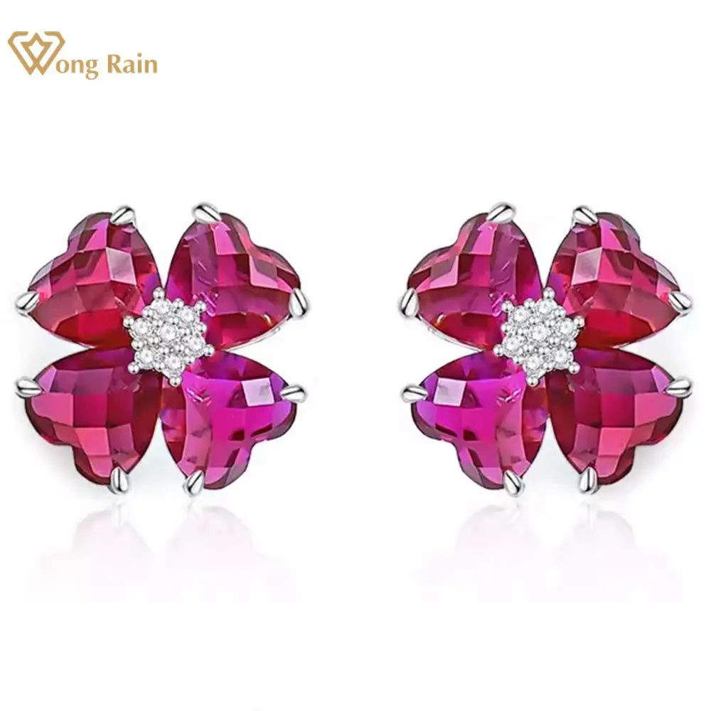 

Wong Rain 100% 925 Sterling Silver Flower Ruby High Carbon Diamond Gemstone Ear Studs Earrings for Women Jewelry Free Shipping