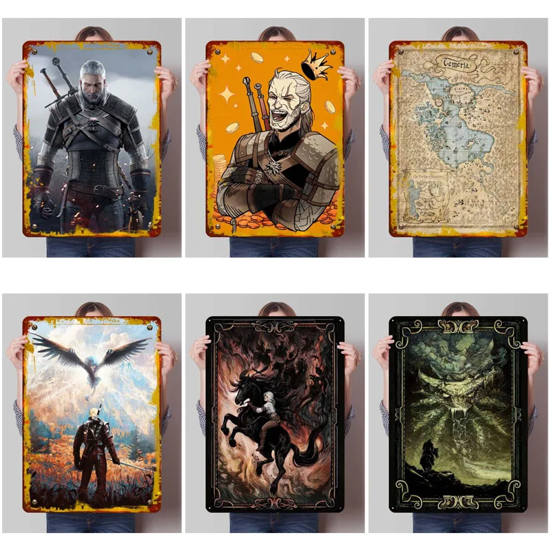 W-witcher 3 sinais clássico jogo cartazes de metal estética decoração do quarto masculino personalizado sinal de lata de metal para sala de jogos decoração de arte de parede
