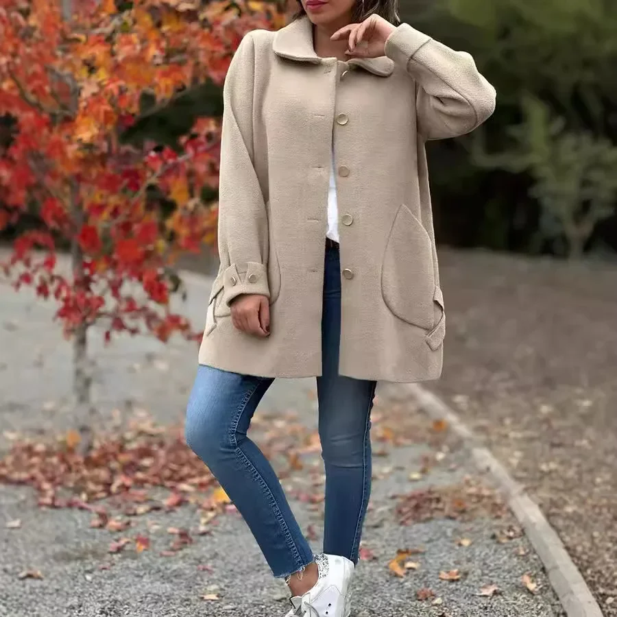 Women's Outwear Turn Down Collar Solid Color Casual Loose Commuting Plus Size Woolen Coat Autumn Winter Fashion Versatile Jacket