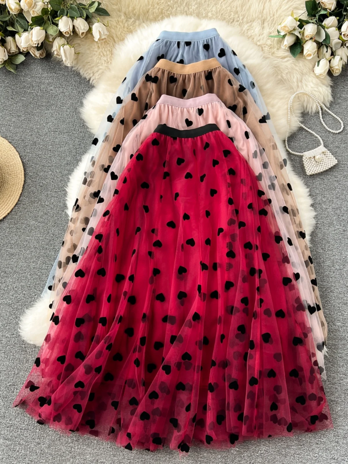 

Юбка в стиле ретро Me f, женская юбка-миди трапециевидной формы с высокой талией, пышная юбка с сердечком, корейский узор для поездок на работу