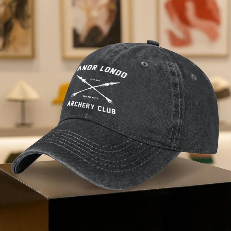 Vintage Washed Black/Dark Grey Unisex Baseball Cap with London Archery Club Logo & Crossed Arrows Print – Adjustable Snapback