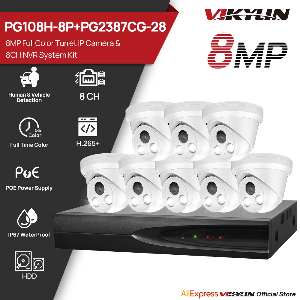 

Vikylin 8MP полноцветная турельная IP-камера комплект камеры безопасности 8CH NVR 8 шт. наружная система видеонаблюдения и защиты камеры