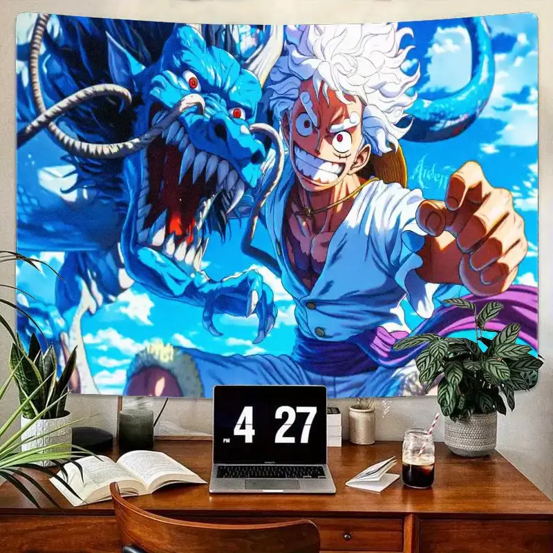 

1 шт., настенный гобелен в стиле аниме с белыми волосами, мускулистым персонажем и голубым драконом, ярко-голубоким небом, настенное искусство из полиэстера для кровати