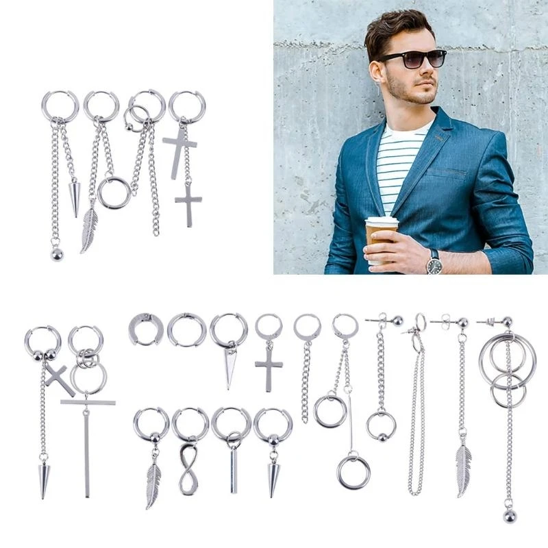 

HX6F 20 Pieces Cool Stainless Steel Huggie Hoop Earrings Hinged Dangle Earrings for Women Men Fashion Jewelry Charms