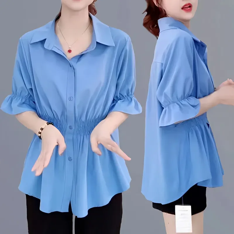 Camisas coreanas de gasa para mujer, novedad de verano, blusa de manga corta a la moda, camisa informal de Color sólido para mujer, Tops para mujer, abrigo B928
