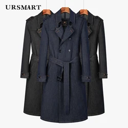 Men's Classic Double-Breasted Denim Trench Coat - Warm, Knee-Length Thickened Cotton Windbreaker