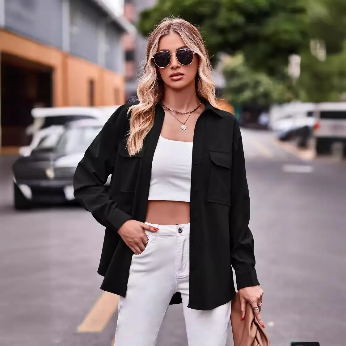 

New 2024 Women's Casual Faion Long Sve Pure Color Loose irt Double ket Autumn Winter New Arrival Ladies Premium irt