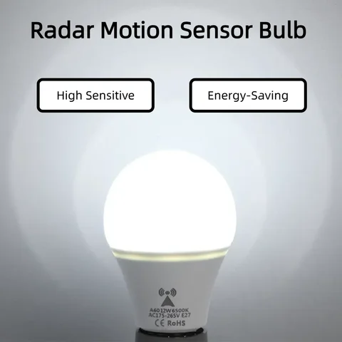 AC175V-265V E27 Radar Motion Sensor LED Bulb Energy-Saving Lamp 12W Auto Induction ON/OFF Built-in Light Sensor Doorway Stairs