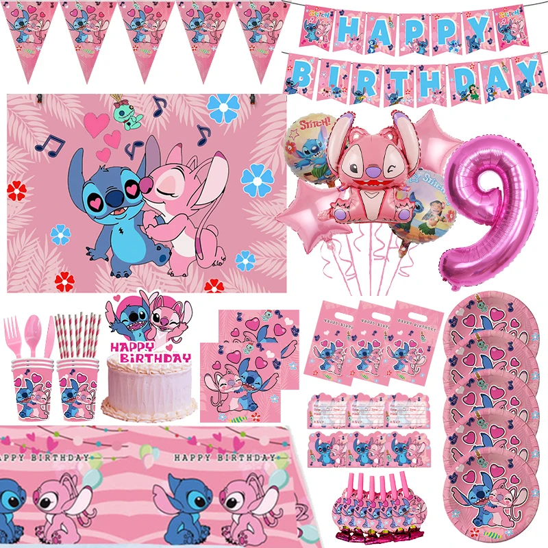 Disney Lilo Stitch Birthday Decoration Girls Pink Blue Stitch Theme Paper Tableware Set Angle Balloons Backdrop Party Supplies