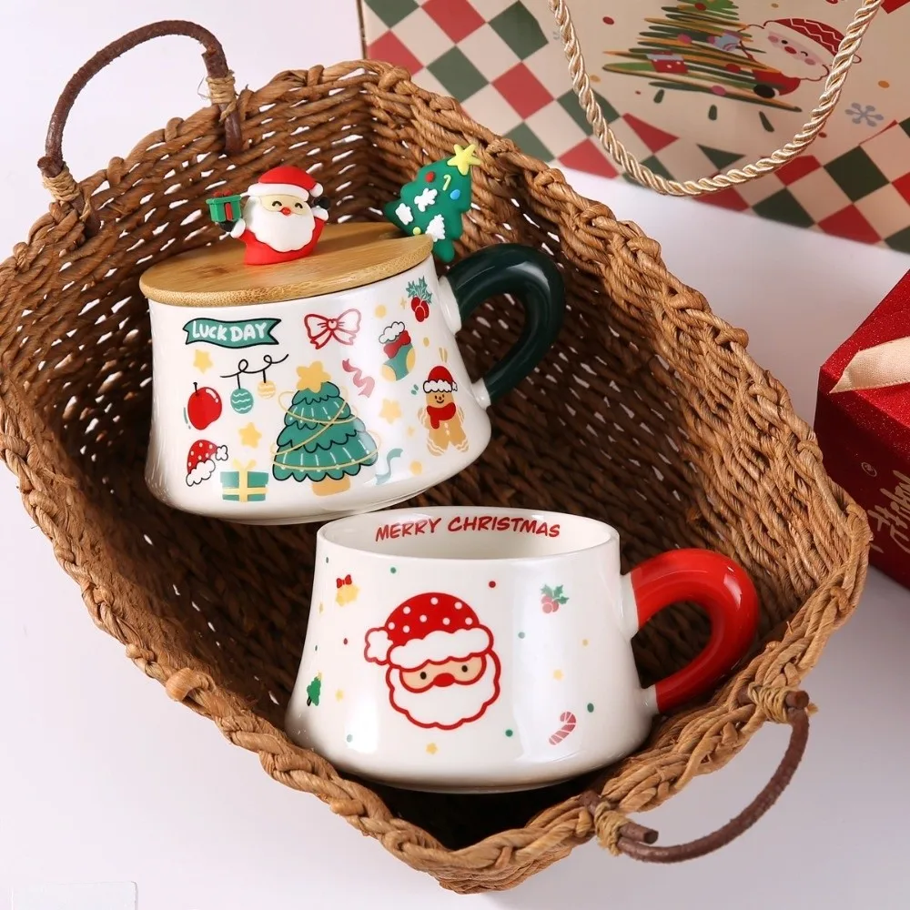 

New Christmas Ceramic Mugs Snowman Xmas Tree Drinkware Sets Wooden Lid Gift Box Packaging Spattered Coffee Cups Birthday Gifts
