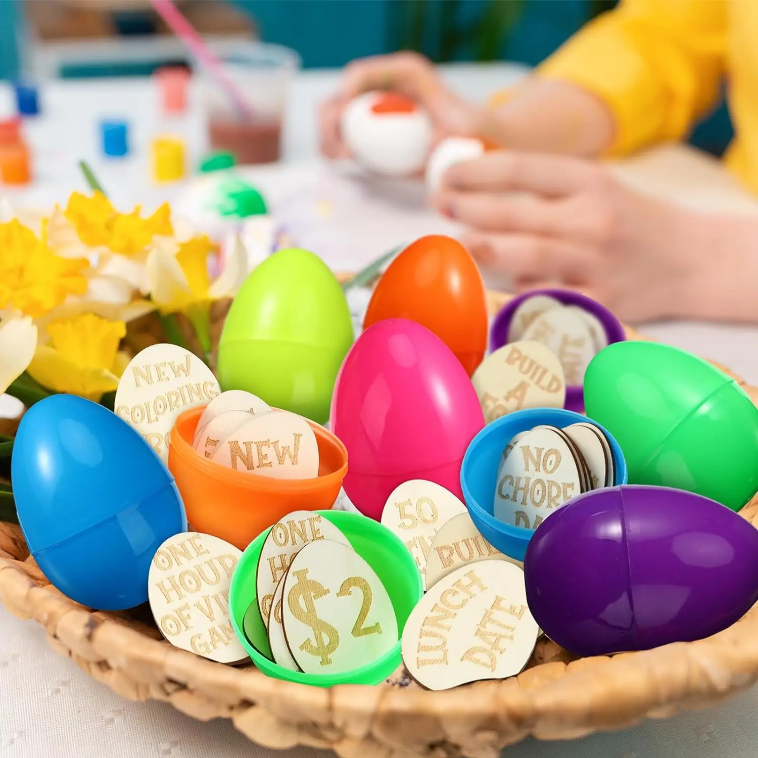 Fichas de recompensa de huevo de conejo de Pascua de madera, 28 piezas, embutidores de premios de Pascua, 25 fichas canjeables + 3 fichas de bricolaje en blanco, rellenos de huevos de Pascua