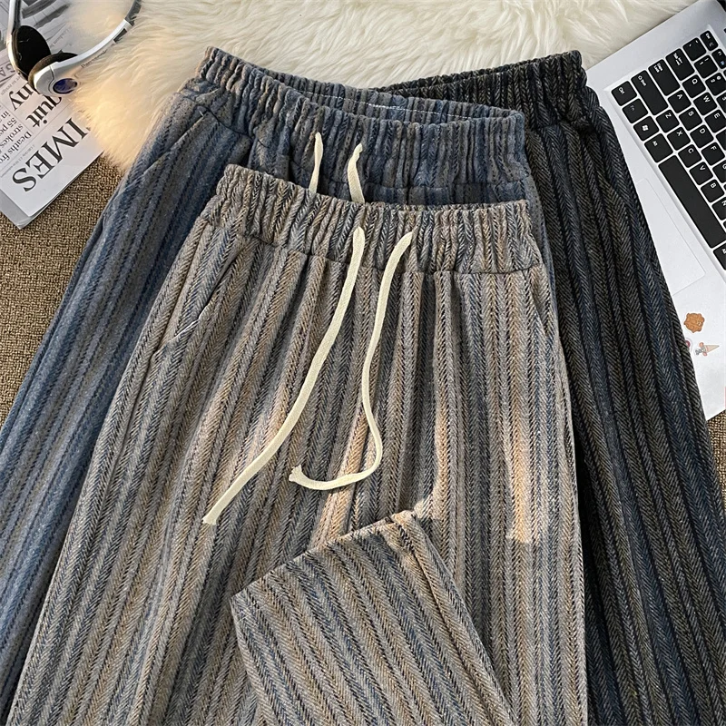 Woolen Stripe Wide-Leg Pants Men's Spring and Autumn 2024 New Maillard Drape Sweat pants Casual Straight Loose Trousers