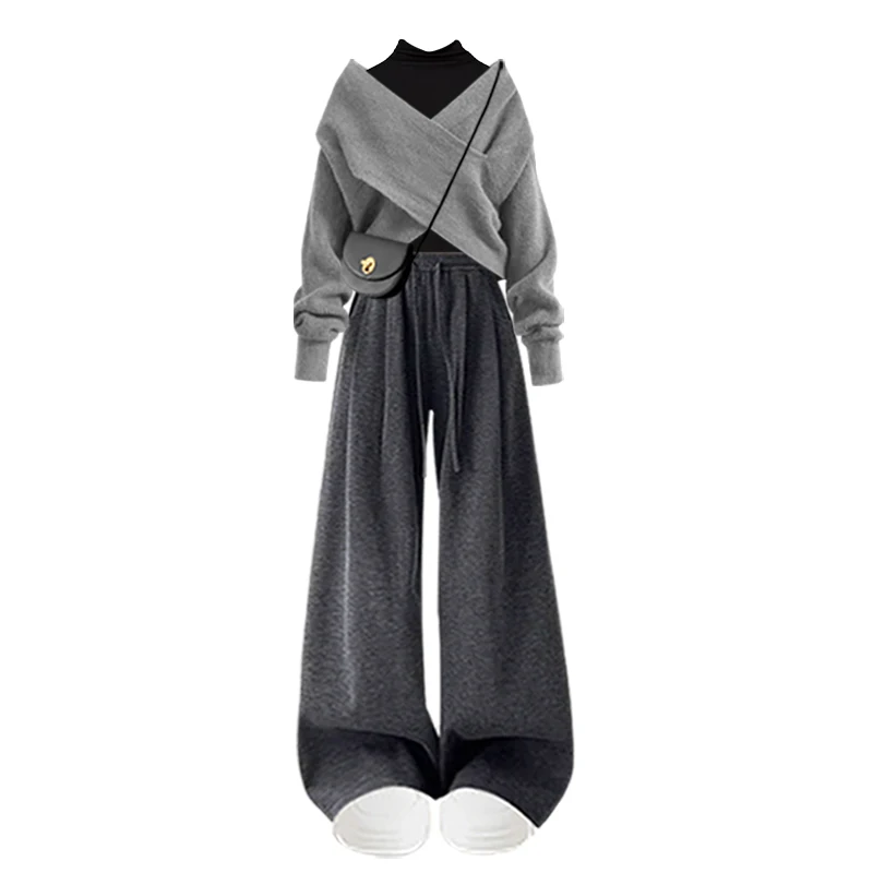 Casual Knitted Sweater Bottoming Shirt And Wide Leg Pants Three Piece Set for Women Trendy Design Autumn New Style plus Size 5