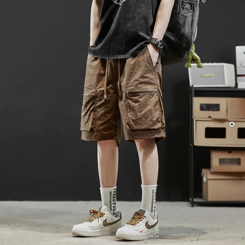 Summer Ice Silk Men Cargo Shorts 2024 Solid Fashion Short Pants Knee Length Drawstring Men Casual Shorts Work Bermudas Masculina