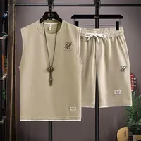 2024 New Waffle Fabric Sleeveless Vest Set Mens Summer Casual Sports Set Breathable Loose Male Vest and Shorts 2PC Sports Suit