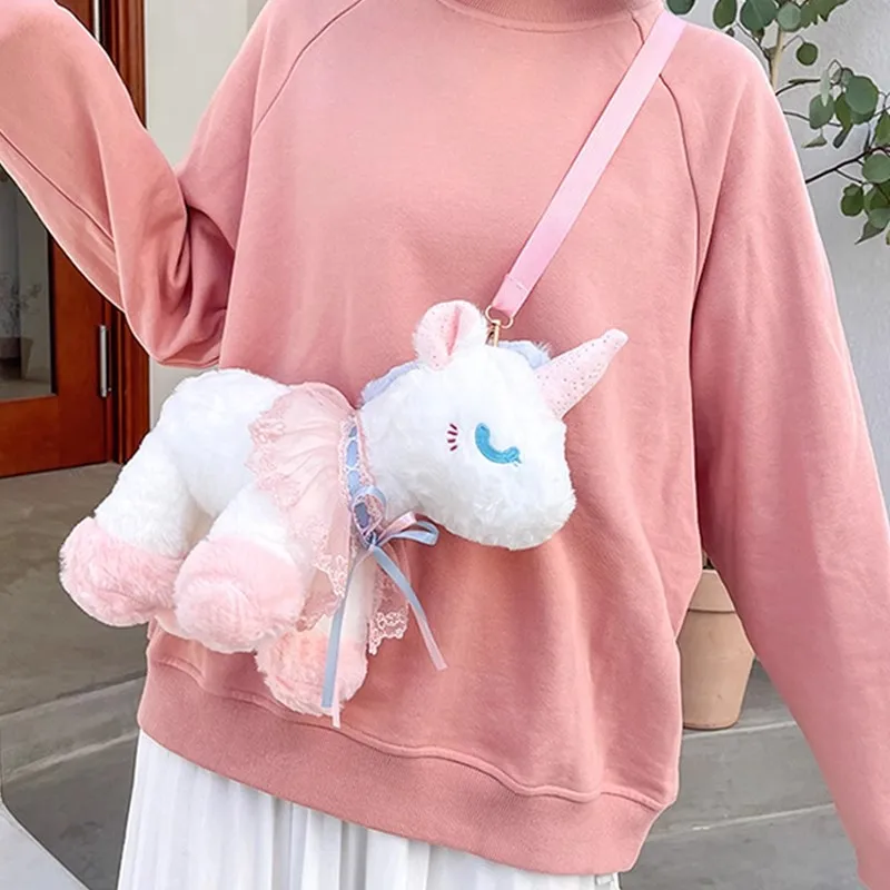 Lolita Unicorn White Horse Crossbody Bag Plush Toy Stuffed Doll Cartoon Animal Key Coins Phone Storage Package Boy Girl Gift