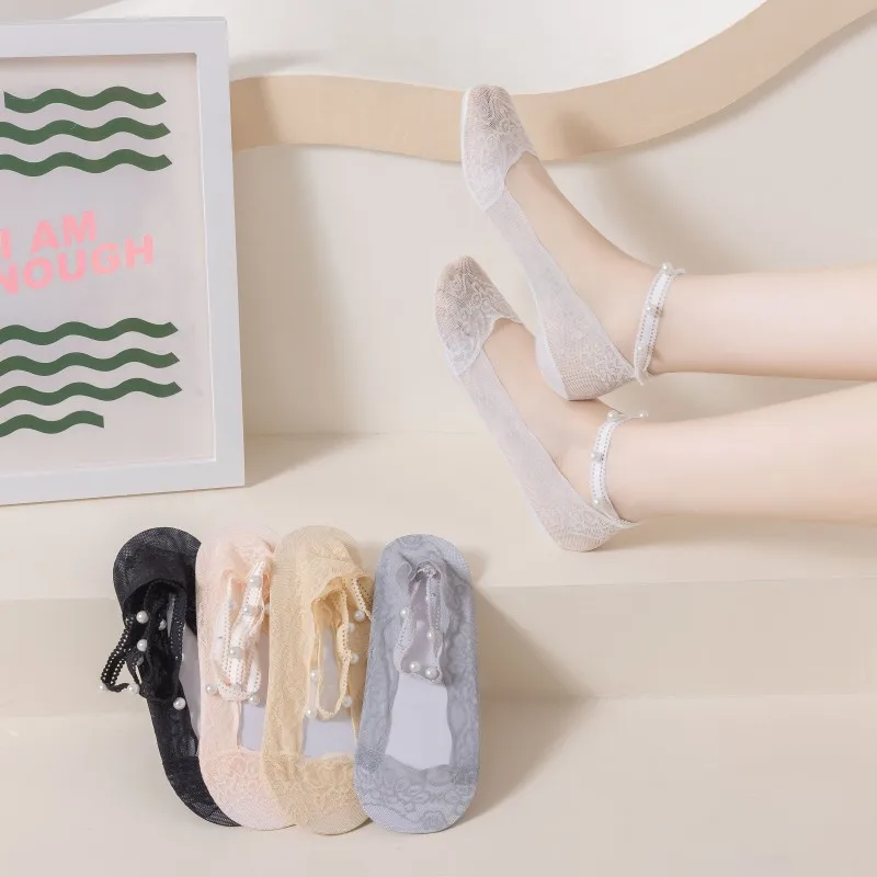 Women's Pearl Lace No Show Socks, Breathable Mesh Invisible Liner Socks for Summer Flats Heels Daily Wear Half Socks for Ladies