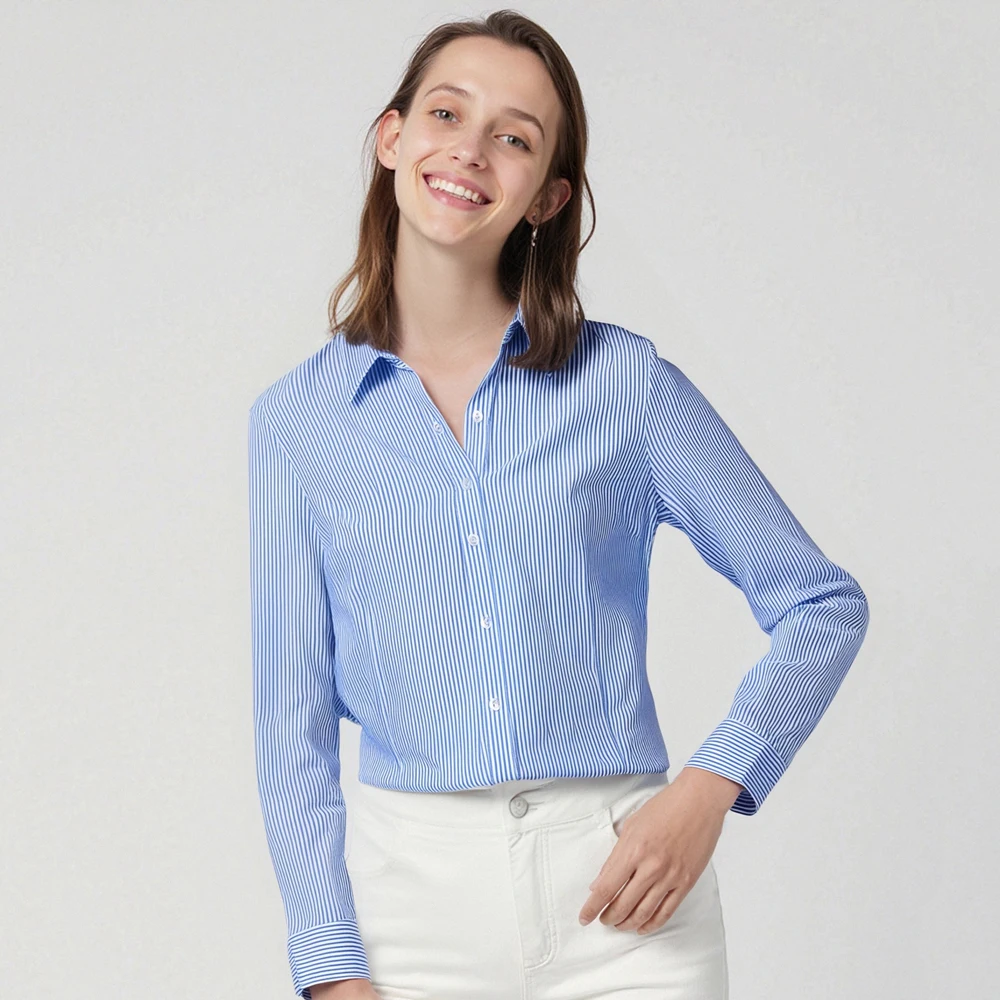 

Офисные женские классические рубашки без воротника с v-образным вырезом, женские рубашки в полоску с длинным рукавом, официальные женские блузки, рубашки, универсальные для всех сезонов