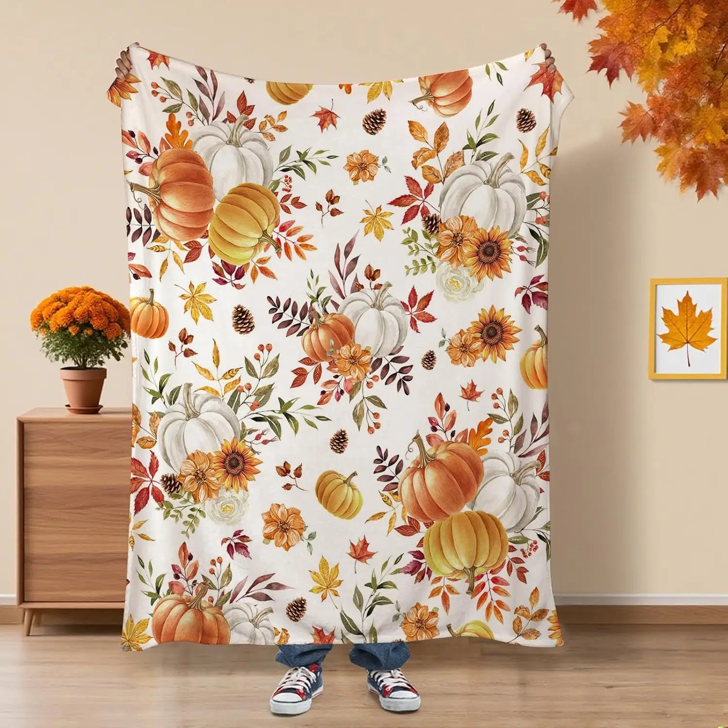 Fall Throw Blanket 50 X 60 Inch Soft Warm Autumn Farmhouse Floral Maple Leaf Pumpkin Throw Blanket for Living Room Couch Chair