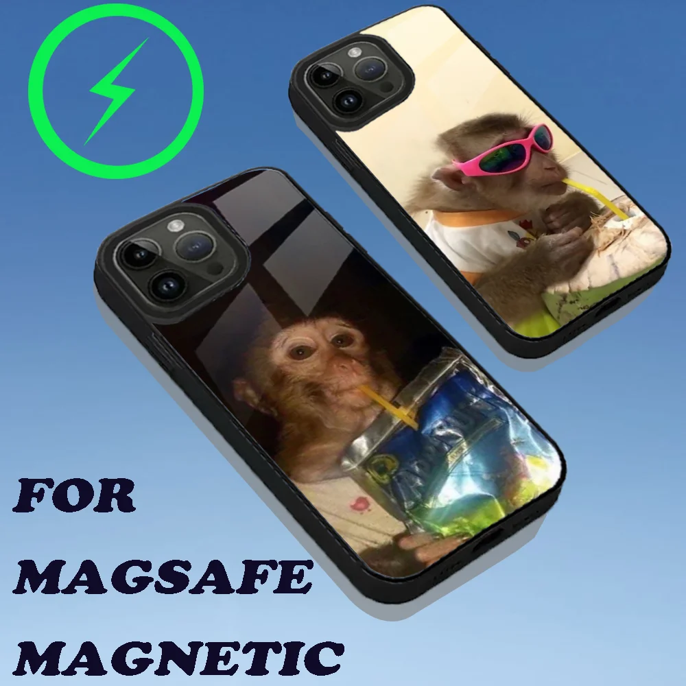 Cute Monkey Sipping Caprisun Meme Phone Case For iPhone 16,15,14,13,12,11,Plus,Pro,Max Mini Magsafe Magnetic Wireless Charging