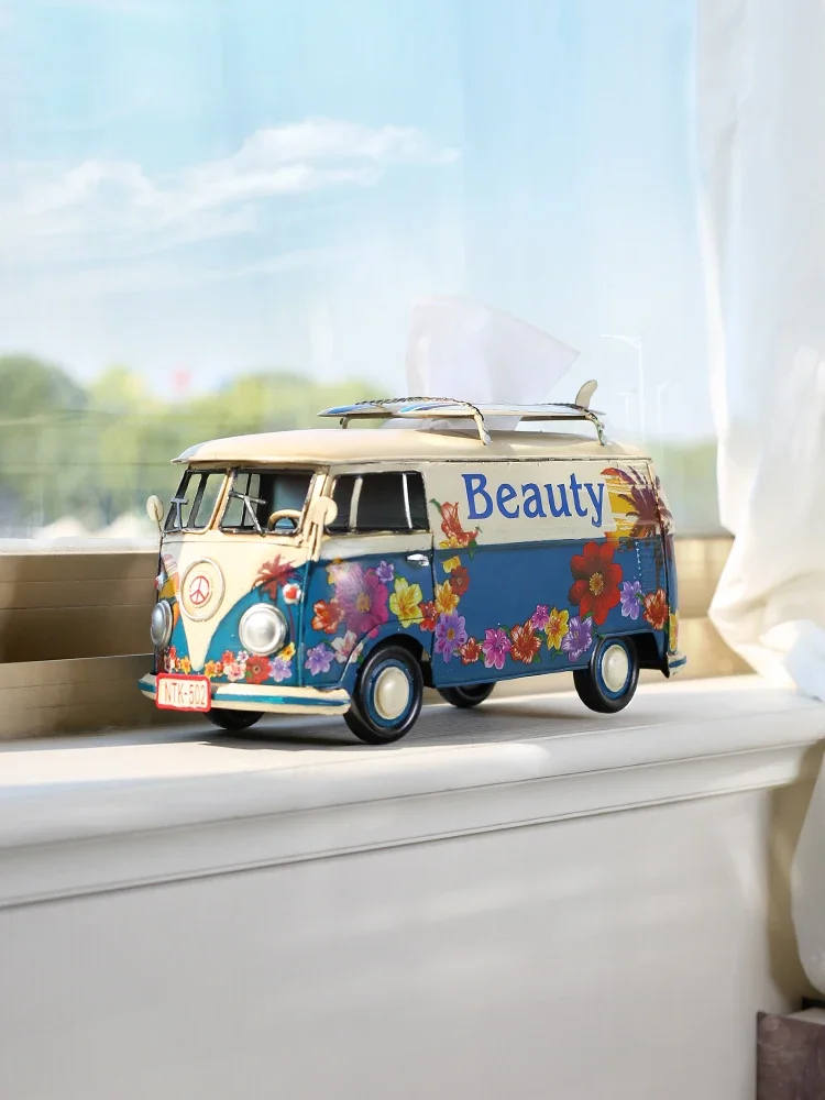 American retro wrought iron Volkswagen camping bus tissue box model industrial style creative container pumping ornament