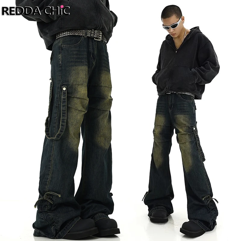 

REDDACHiC Drawstring Stacked Flare Jeans Men Belt Deconstructed Whiskers Pleated Casual Wide Leg Bootcut Pants Hiphop Streetwear