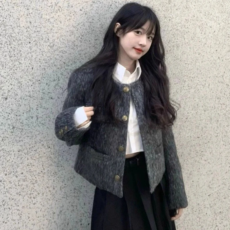 Ciemnoszare, krótkie płaszcze wełniane damskie z długim rękawem, proste, eleganckie, w stylu vintage, do biura, codzienne, zapinane na guziki, z dekoltem typu O, koreańskie bluzki damskie.