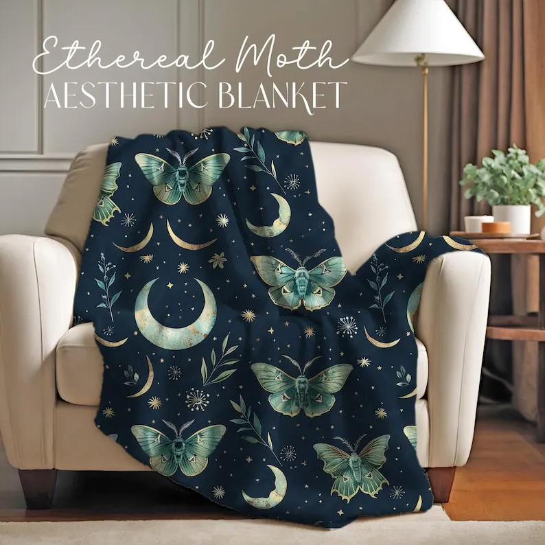 Mushroomcore Moth Aesthetic Velveteen Blanket, Boho Ethereal Moth, Forest Mushroom Christmas Gift Idea, Throw Blanket