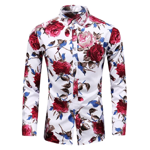 Gran oferta, nueva moda, camisa con estampado de flores para hombre, camisas informales de manga larga de talla grande, camisa de oficina ajustada para hombre 7XL
