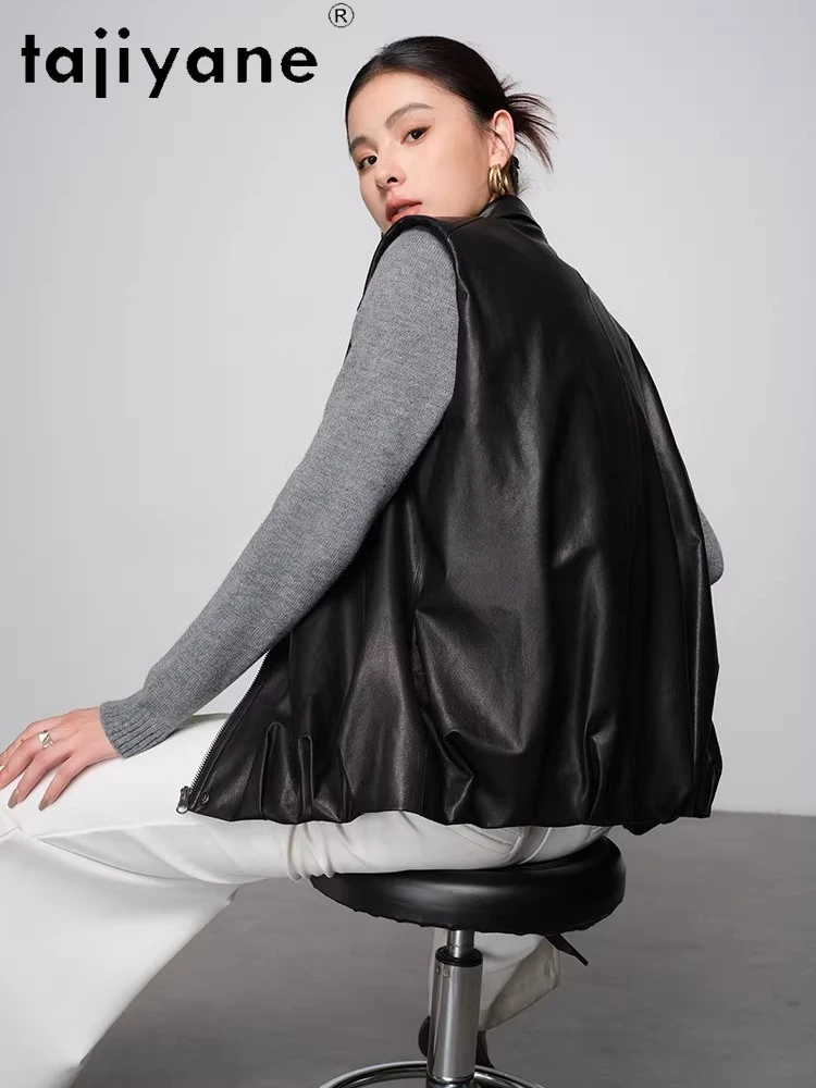 TAJIYANE 本物の羊皮ベスト女性スタイリッシュなノースリーブレザーコートショートリアルレザージャケット 2025 秋の女性服 신상아우터