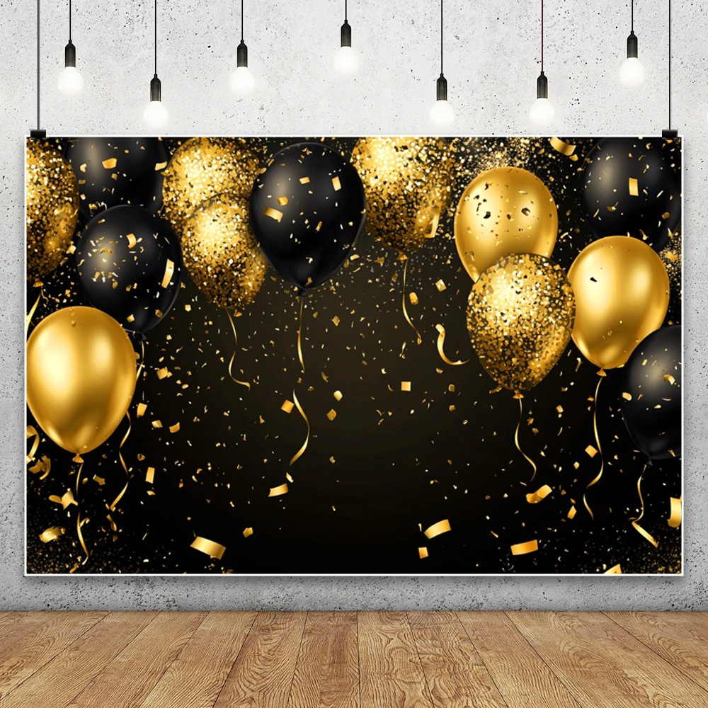 Фон с днем рождения, черные золотые воздушные шары, шампанское, декор для дня рождения, фон для фотосъемки на заказ, баннер для мужчин и женщин
