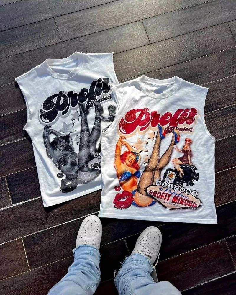 Graphic Y2K Vintage European and American Harajuku Hip Hop Fashion Casual Tee Short Sleeved Sleeveless T Shirt Punk Loose