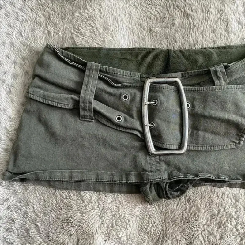 กระโปรงยีนส์สั้นเอวต่ำสีเขียวทหารสไตล์วินเทจ ผู้หญิง Y2K ฮาราจูกุ กอธิค เซ็กซี่ สไตล์สไปซ์เกิร์ล แฟชั่นสตรีทแวร์