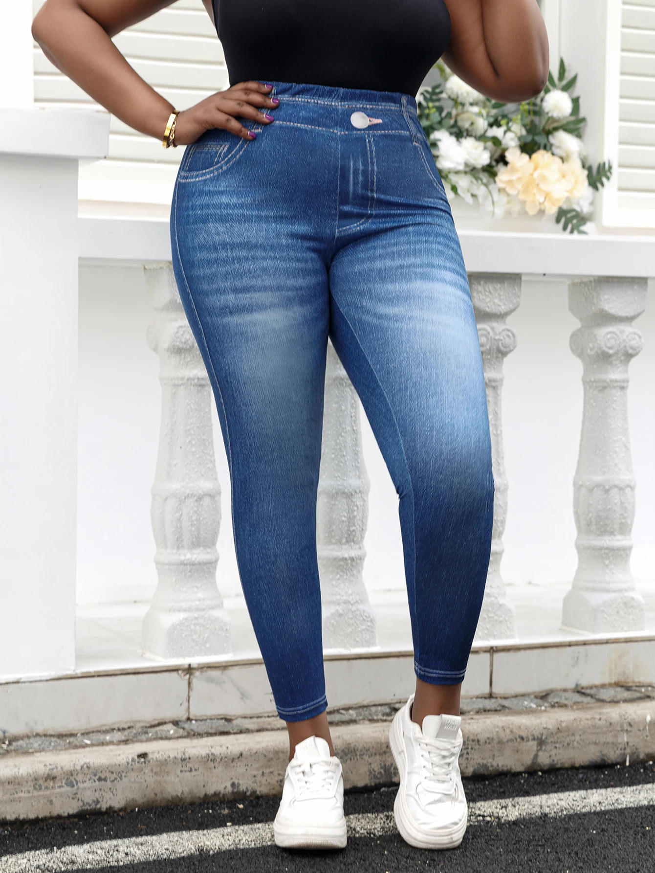 Plus Size Damen Imitation Jeans Leggings Vintage Wash Design Mittel taillierte Strick hose dehnbare und trend ige Sport hose