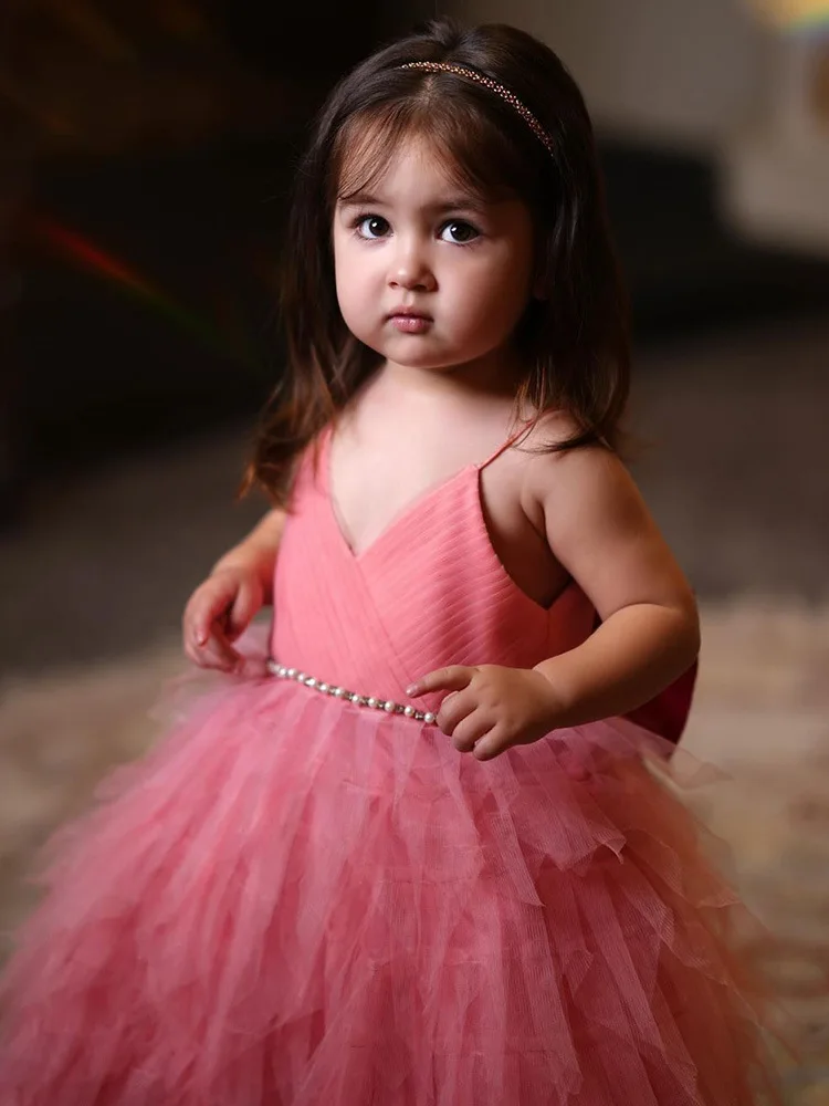 Vestido de casamento infantil sem mangas, vestido de princesa, Pink Pearl, vestidos infantis, Baby Birthday Party, Luxo, Menina