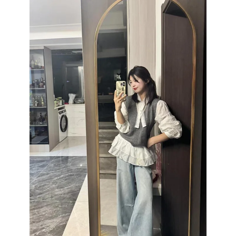 Korean Temperament Vest Lace Shirt Two-piece Set Women's Autumn New Style Super Beautiful Fashionable Simple Top