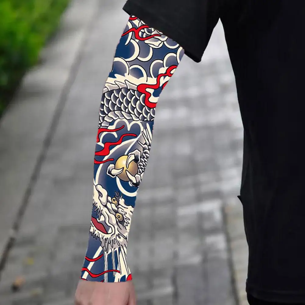 Manga de tatuaje de verano, cubierta de brazo Solar UV, manguito de ciclismo, secado rápido, fresco, transpirable, seda de hielo, protección solar con estampado antiquemaduras solares