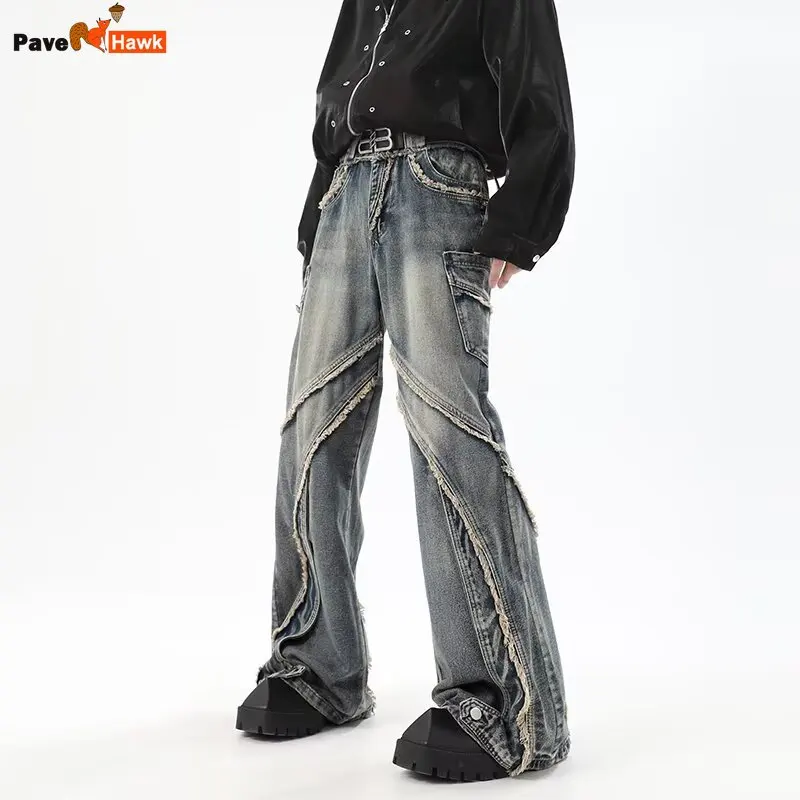 

High Street Jeans Mens Spring Autumn Rough Edge Splicing Design Trendy Denim Pants Multiple Pockets Punk Cowboy Flared Trousers