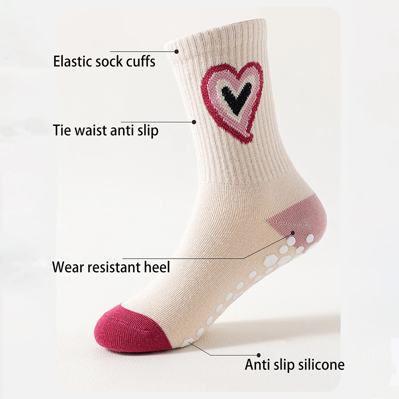5 أزواج من البنات، جوارب أرضية مخططة متوسطة وكبيرة على شكل قلب للأطفال، جوارب متوسطة الأنبوبة، مضادة للانزلاق، مقاومة للاهتراء #6