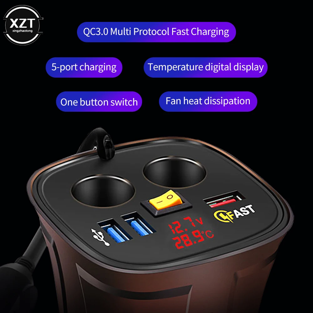 Fast QC3.0 USB Cup Holder Car Charger Adapter Cigarette Lighter Voltmeter  12V Socket Display Temperature Waterproof power switch