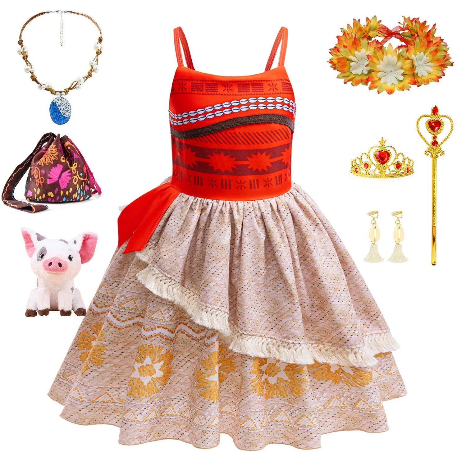 

Детский костюм Моаны для девочек: юбка-платье с бретелями для сценических выступлений на День защиты детей и Хэллоуин, полиэстер