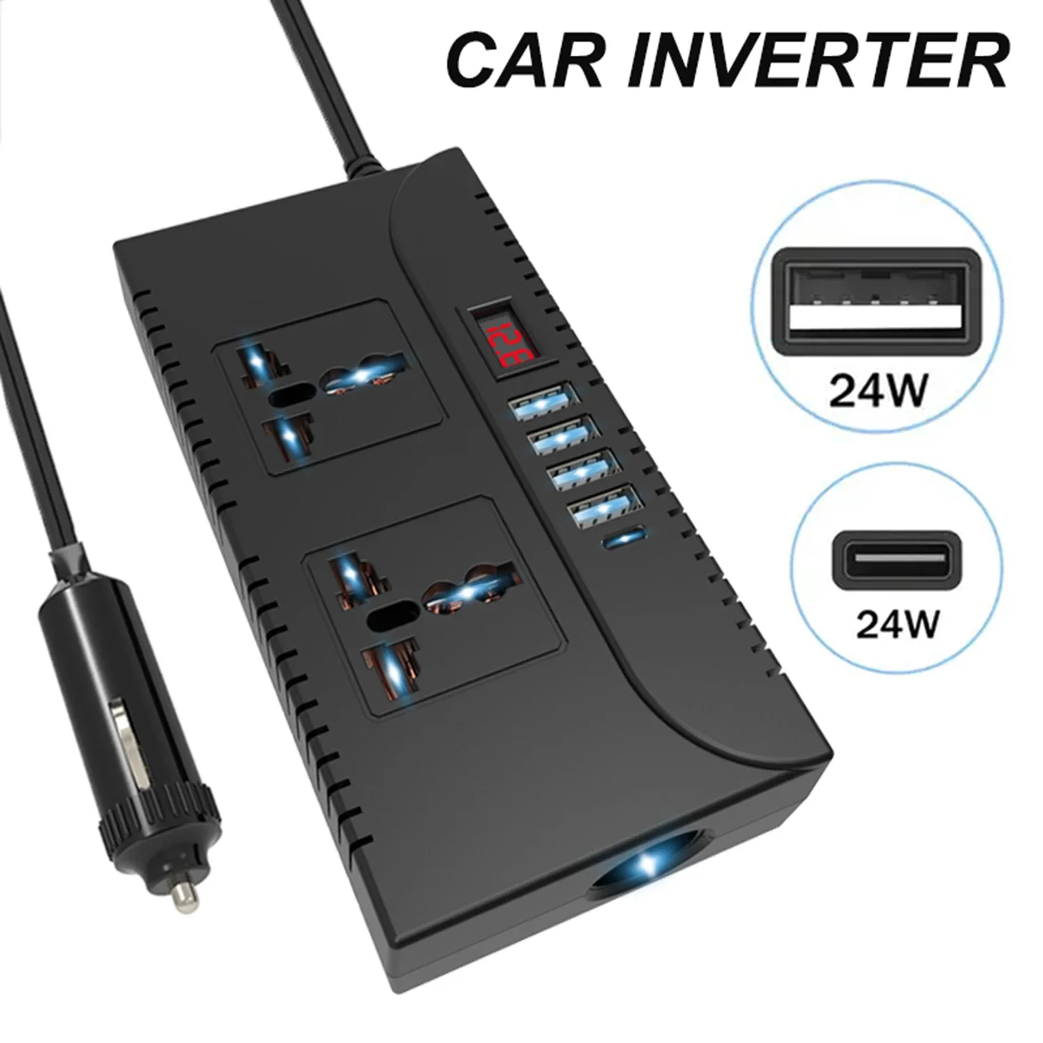Portable 300W Car Power Inverter 12V/24V DC to 110V/220V AC Converter with 5 Charging Ports including Type C Fast Charging