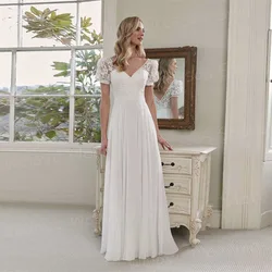 Graceful A Line Women's Wedding Dresses Modern V Neck Bride Gowns Short Sleeve Vestidos De Novia Boda Lace Appliques Backless