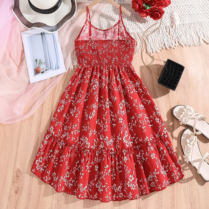 2024 Summer New Arrival Girls Sleeveless O Neck Ruched Print Floral Red Roupa Infantil Menina Cute Party Dress Custume 8-12T