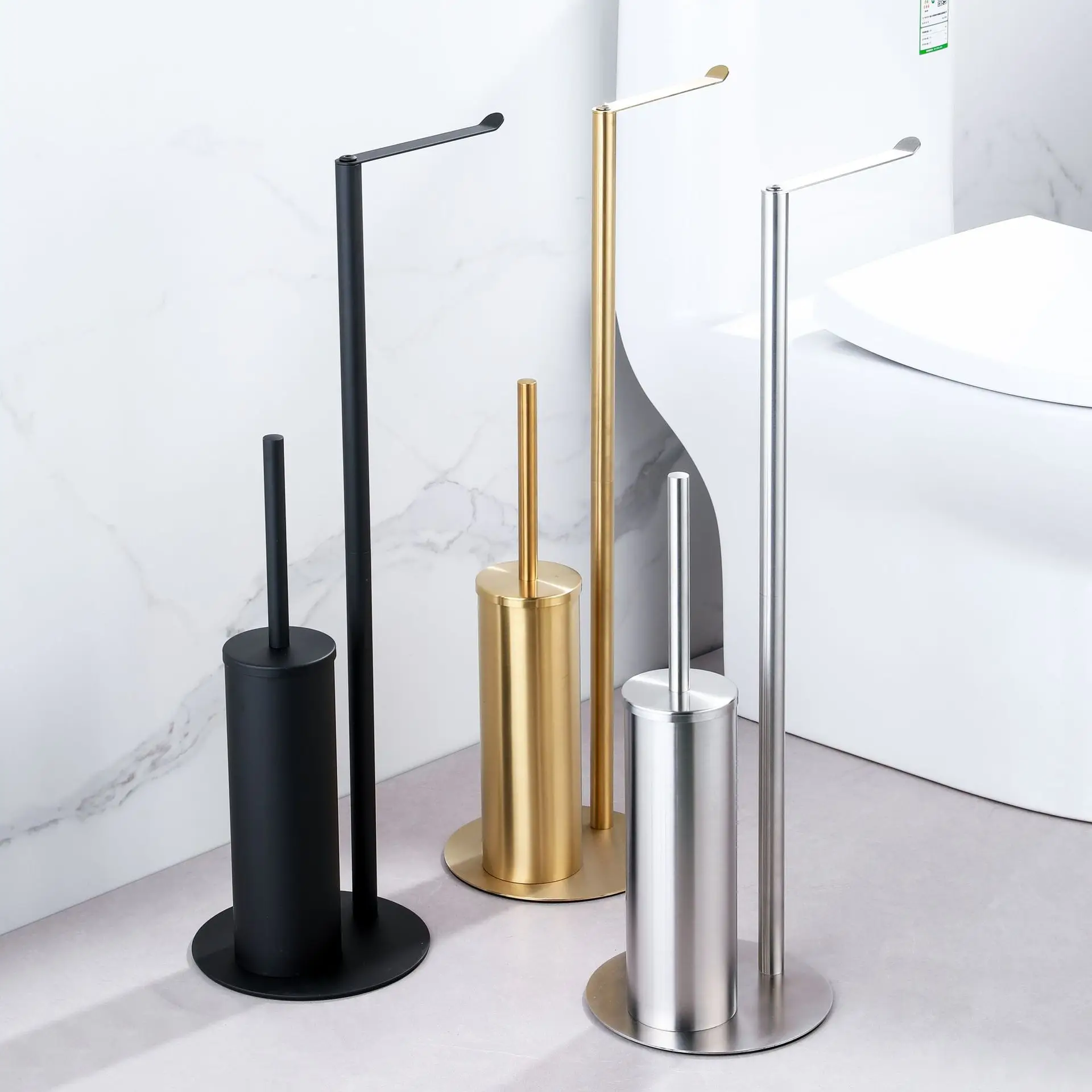 

Stainless Steel Toilet Brush Set Non Perforated Standing Base Vertical Long Handle with Toilet Paper Holder