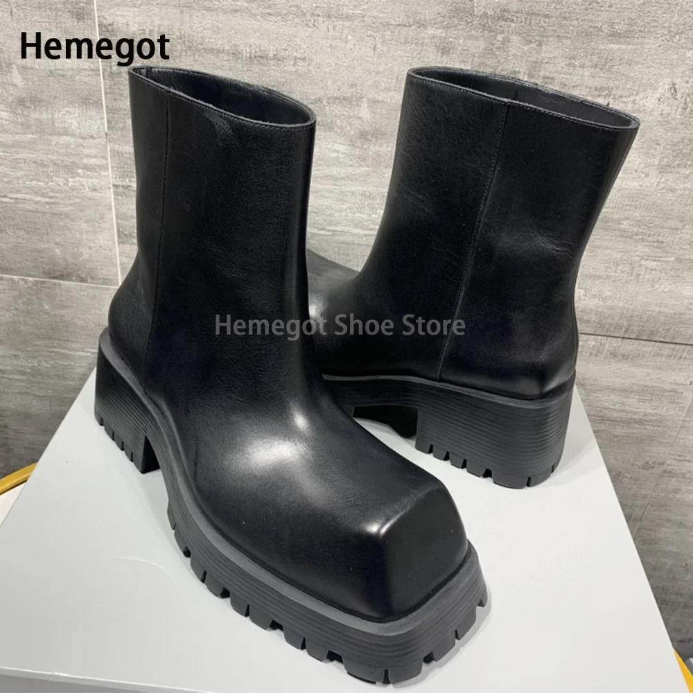 Black Large Square Toe Thick-Soled Chelsea Boots for Men In Autumn and Winter Men and Women New Leather Short Boots Rain Boots