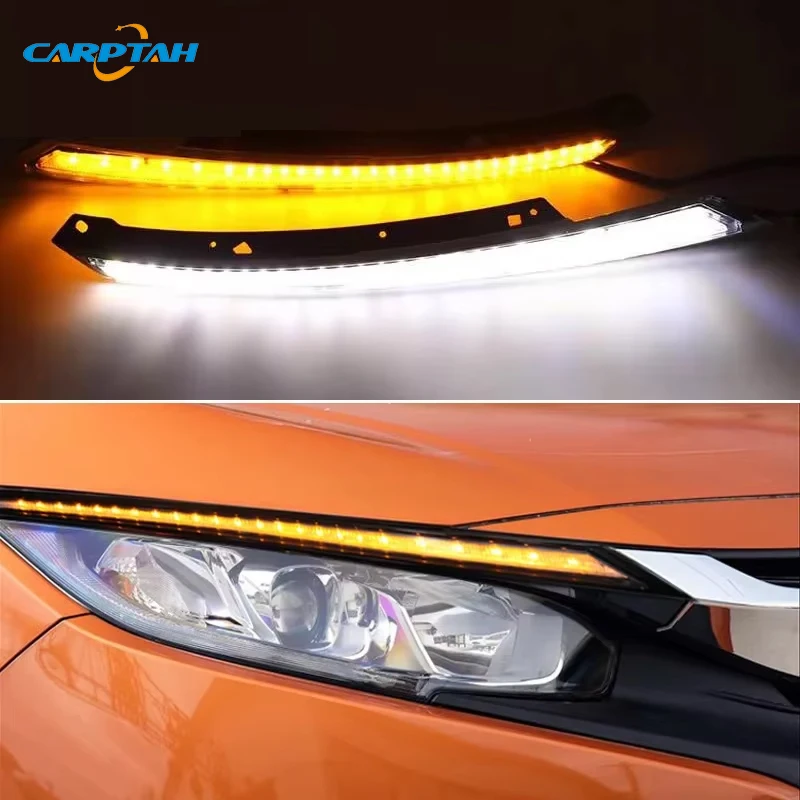 Car LED DRL 12V Daylights For Honda Civic 2016 2017 2018 Yellow Turn Signal Indicator Daytime Running Light Fog Lamp Headlight